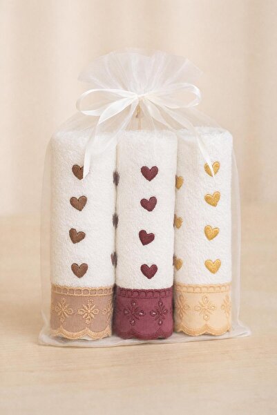 POKUT 30*50 Lüks Hediyelik-Çeyizlik Nakışlı-Güpürlü Kalp Desenli 3'lü El-Mutf...