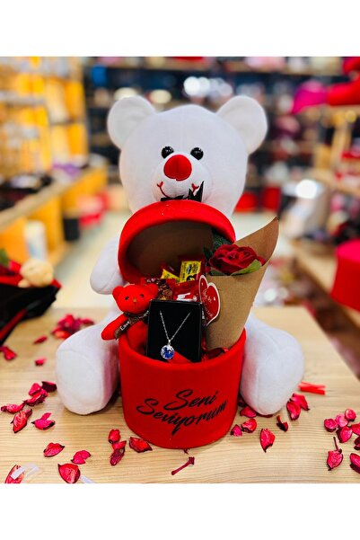 Niyamore Seni Seviyorum Yazılı Kutuda Ayıcık, Kolye, Çikolata & Gül – Romanti...