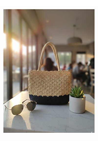 ExeCanta Omuz Çanta Kağıt İp Örme Hardal Siyah 38x29x20