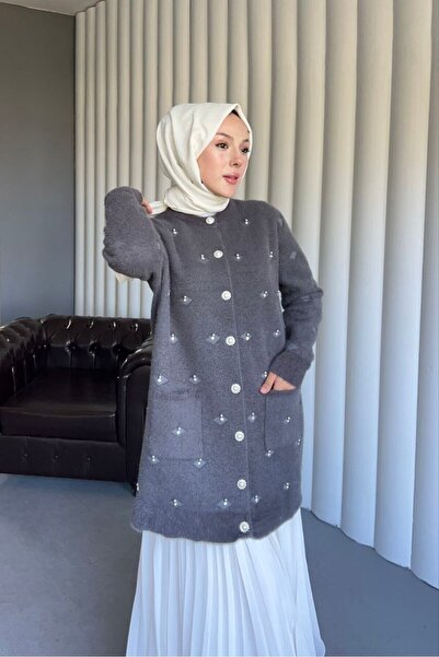 Homay كارديجان نسائي من التريكو بتفاصيل حجرية - أكمام طويلة، مع جيوب وتصميم أنيق