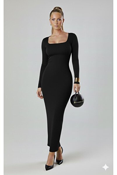HİMENİSA Women's Square Neck Solid Long Sleeve Long Dress