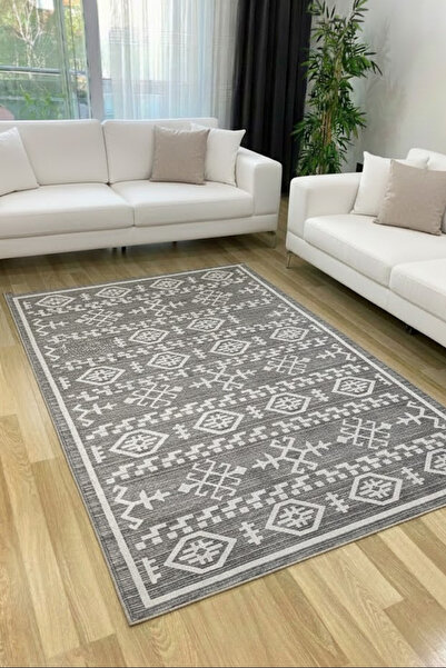 CENTER AVM Gri Halı Salon Halısı Makinede Yıkanabilir Halı Kaymaz Taban Halı