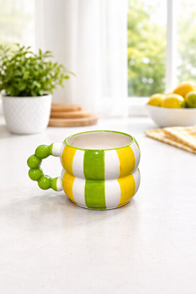 İZart Beaded Handle Layered Green - Yellow Striped Patterned Fully Handmade S...