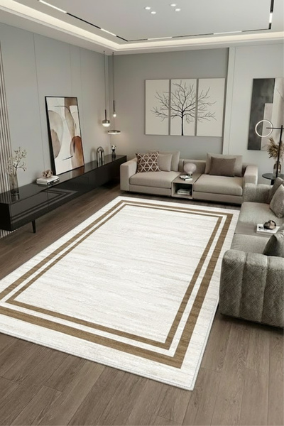 CENTER AVM Bej Halı Salon Halısı Makinede Yıkanabilir Halı Kaymaz Taban Halı