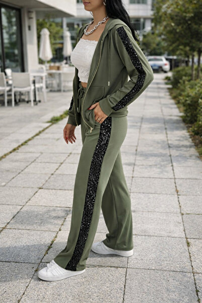 Gugus Women's Tracksuit Set with Hood, Zipper, Loose Legs, Side Stripes, Sequ...