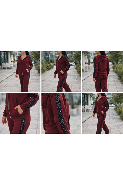 Gugus Women's Tracksuit Set with Hood, Zipper, Loose Legs, Side Stripes, Sequ...