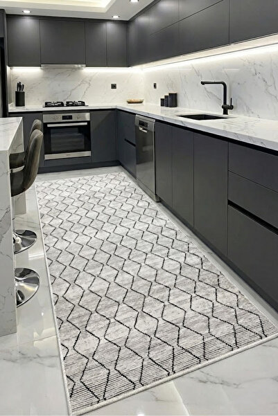 CENTER AVM Gri Halı Mutfak Halısı Makinede Yıkanabilir Halı Kaymaz Taban Halı