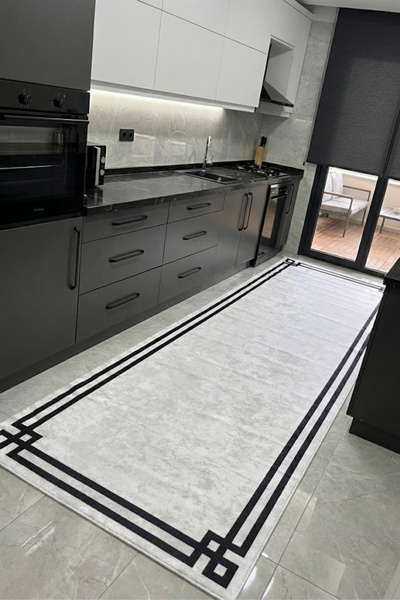 CENTER AVM Beyaz Siyah Halı Mutfak Halısı Makinede Yıkanabilir Halı Kaymaz Ta...