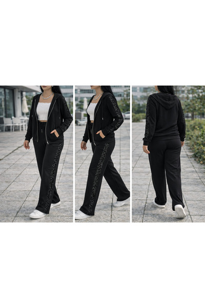 Gugus Women's Tracksuit Set with Hood, Zipper, Loose Legs, Side Stripes, Sequ...