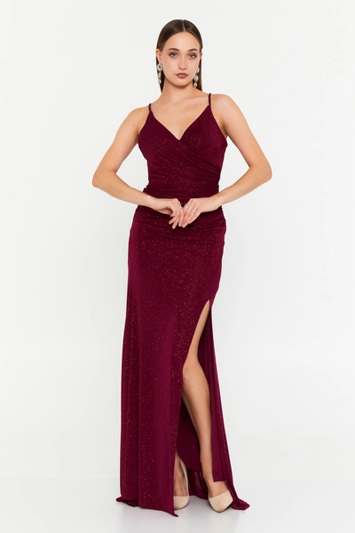 DORİDORCA Women's Backless Glitter Long Evening Dress 7147 Cherry