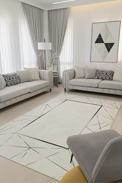 CENTER AVM Gri Halı Salon Halısı Makinede Yıkanabilir Halı Kaymaz Taban Halı