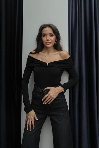 Havoş Black Layered Collar Blouse with Gold Detail