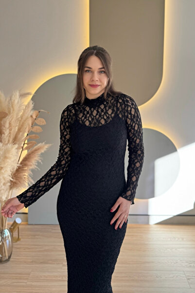 Aventien Mock Neck Elegant Black Lace Dress