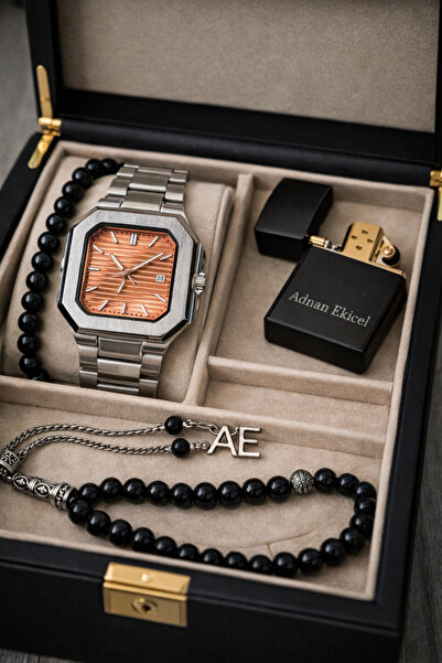 pierrose Kişiye Özel İsimli Çelik Erkek Saat Seti Turuncu Kadranlı Saat Tesbi...