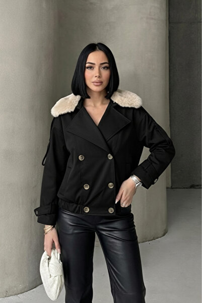 ALFUDO Moda Collection Fur Collar Elastic Waist Trench