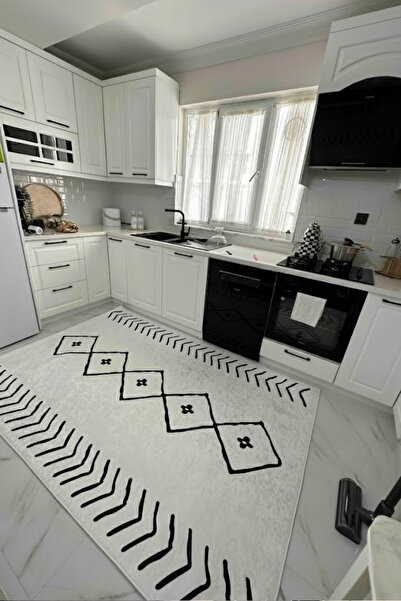 CENTER AVM İskandinav Beyaz Halı Mutfak Halısı Makinede Yıkanabilir Halı Kaym...