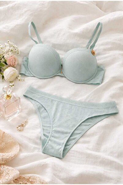 Butik Kadın Mint Yeşili Pamuklu Brode İşlemeli Destekli Sütyen Takım