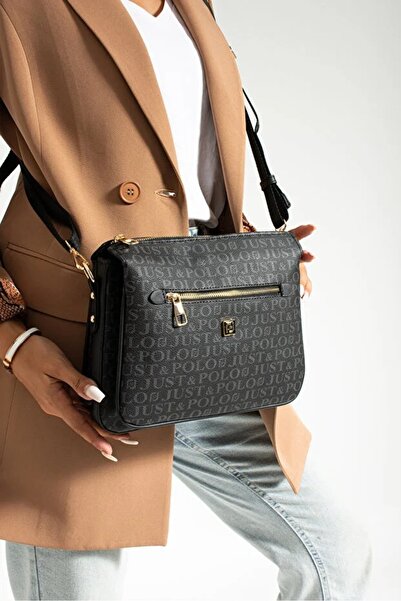 Just Polo JP Geantă de umăr neagră cu 6 compartimente pentru femei Monogram c...