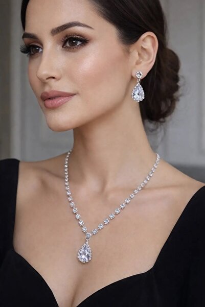 BirYıldızOl Gümüş Kaplama Büyük Kristal Taşlı Elite Zirkon Takı Seti Abiye Se...