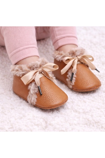 Superbaby Brown fur-lined ankle boots with satin bow