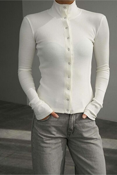 ibeeka High Neck Ribbed Knit Blouse with Snap Closure - Ekru - m - St00637-Ek...