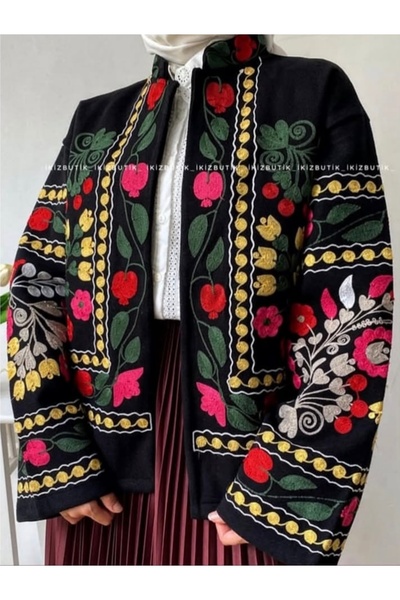 SPICA STORE Siyah Etnik Desenli Çiçek İşlemeli Oversıze Ceket