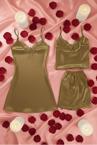 ZENCHES Saten Şortlu Takım Saten Gecelik Saten 3'lü Çeyiz Seti