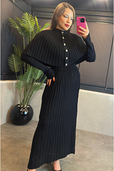 MİR STORE Siyah Pelerin Detaylı Piliseli Triko Elbise (2'li Set)