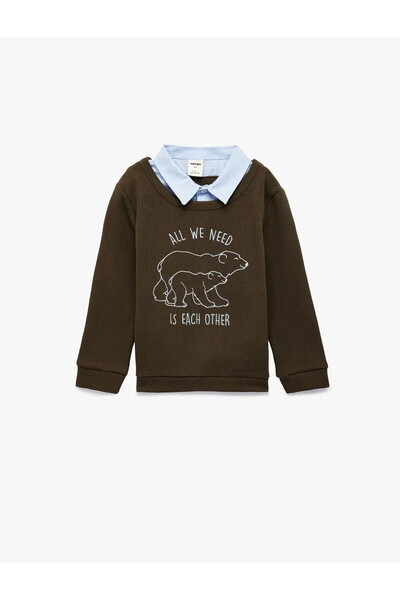 Koton Cămașă cu mânecă lungă cu guler cu imprimeu maro pentru băieți Swea tri...