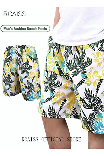 ROAISS Men's Beachwear Quick Dry Beach Pants Swimming Trunks Leaves Pattern T...