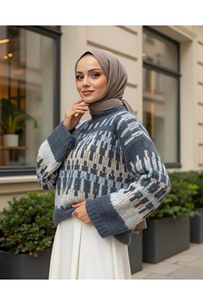 Modamorfo Πουλόβερ με χοντρό πλεκτό σχέδιο τριών χρωμάτων - Ινδικό