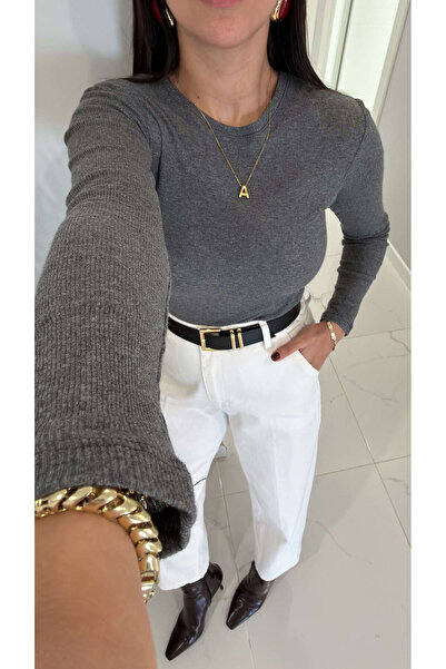 BİRCANÇİL Md Sitra Anthracite Corded Fabric Long Sleeve Blouse