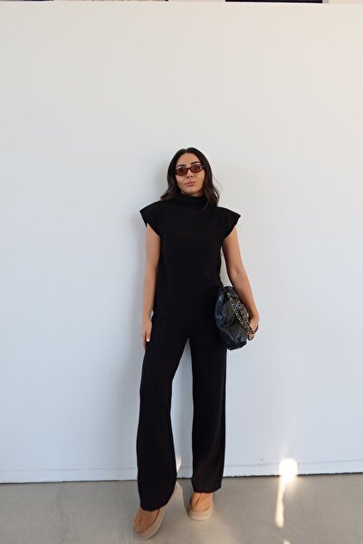 Özge Özgenç Mock Neck Sleeveless Corded Fabric Knitwear Blouse Trousers Set