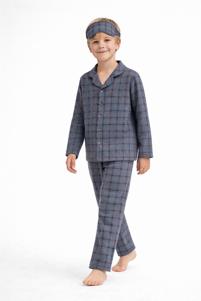 Beka Kids Erkek Çocuk Önden Düğmeli Kareli Pijama Takımı - Göz Bantlı