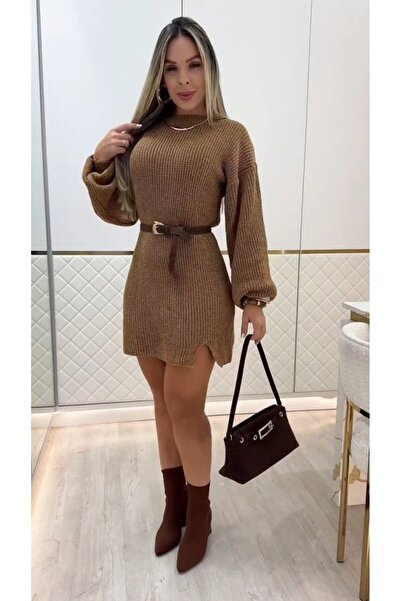 Turega Style Women's Long Sleeve Round Neck Short Knit Dress
