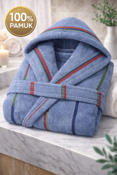 İQON 100% бавовняний унісекс халат для ванної кімнати з смужками, СИНІЙ