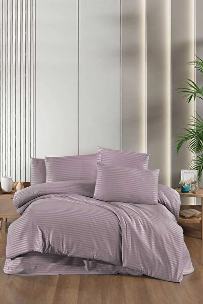 Mira Home Stripe Saten Line Double Duvet Cover Set Plum