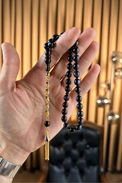 dergah tesbih Silver Gold Design Moire Blue Crimped Amber Prayer Beads