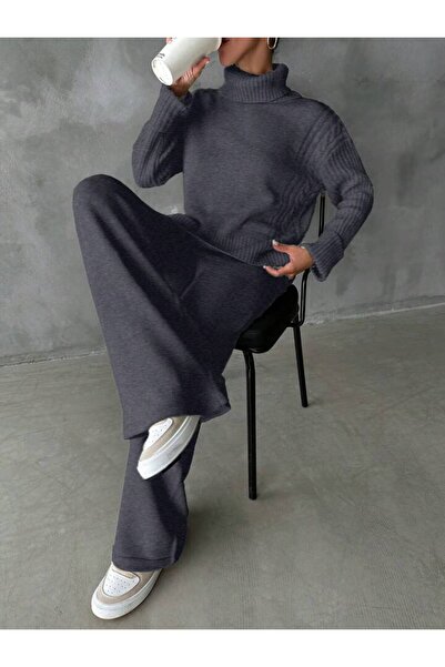 NLT Women's Corded Fabric Collar Hair Knit Patterned Side Slit Knitwear Set A...