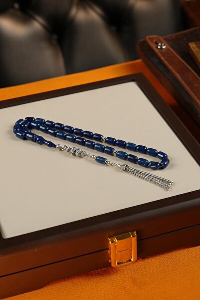 dergah tesbih Grand Series Silver Design Blue Crimped Amber Prayer Beads