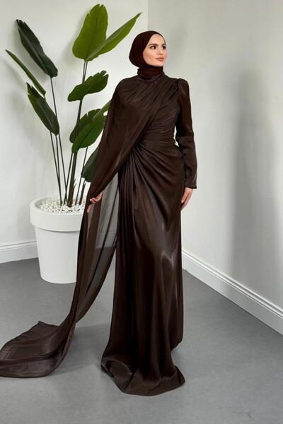 MERVEN AKYÜZ Mari Jan Jan Kumaş Balık Abiye Kahverengi