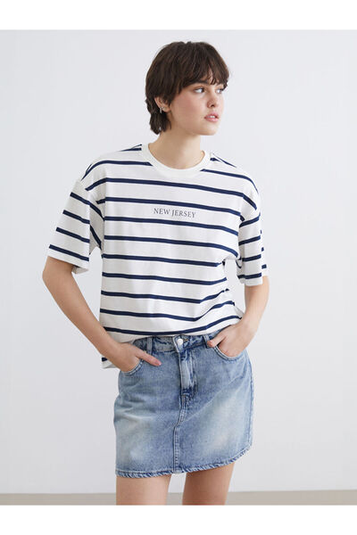 LC Waikiki Navy Blue New Jersey Printed Oversized Women's T-Shirt