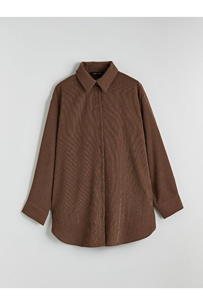 LC Waikiki Brown Women's Corded Fabric Velvet Shirt Tunic