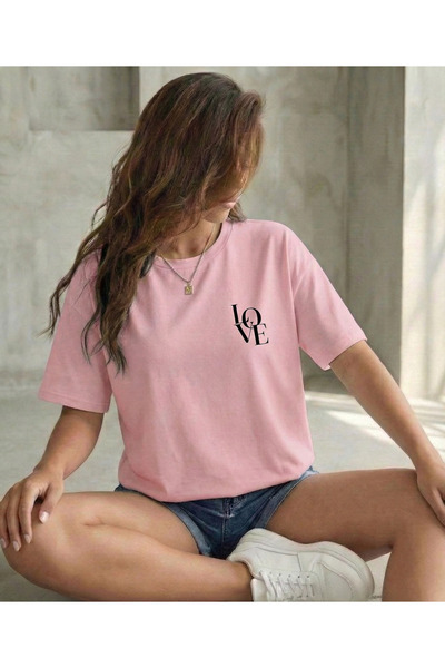 BUWOM Tricou de damă cu imprimeu LOVE și guler tip crewneck