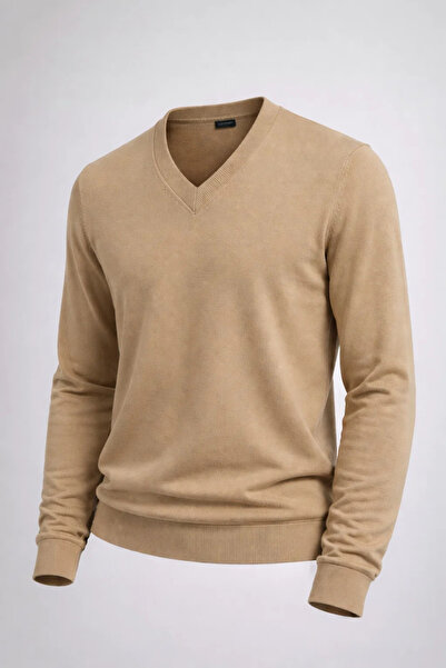 COMBİNE MİCHAİL Men's Loose V-Neck Caramel Knit Sweater