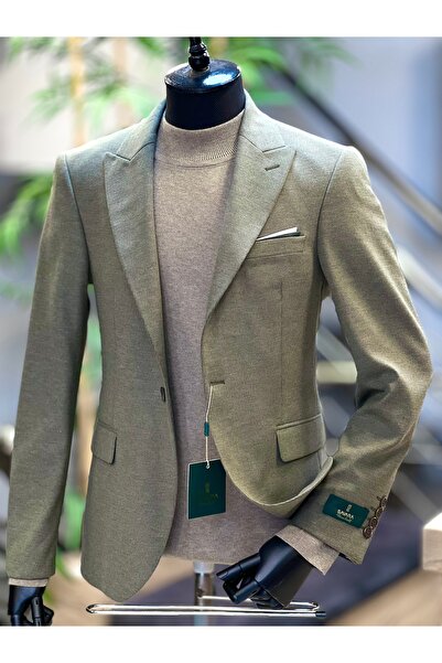 SAVARA Men's Khaki Green Stretch Fabric Slimfit Single Jacket Single Button S...