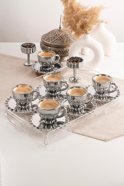 AslıHediyelik 6 Kişilik 12 Parça Gümüş Aura Model Türk Kahvesi Fincan Takımı,...