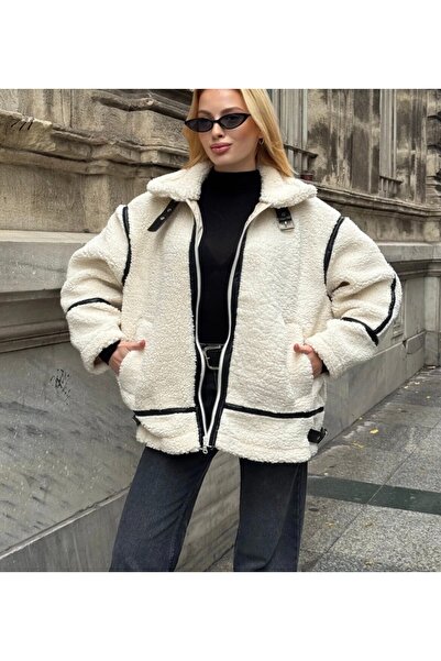 LUMİ Leather Piped Zippered Plush Coat – Lined Inside, Pockets, Winter Women'...