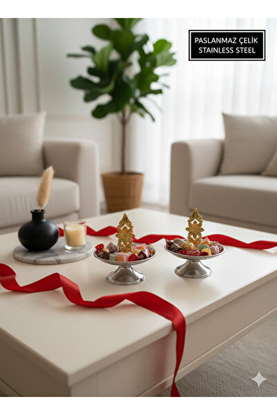AslıHediyelik 2'li 12 cm Gümüş Ayaklı yuvarlak Şekerlik,Lokumluk, Çerezlik Su...