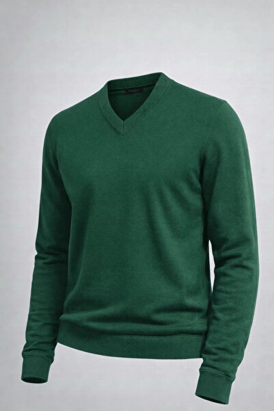 COMBİNE MİCHAİL Men's Casual V-Neck Green Knit Sweater